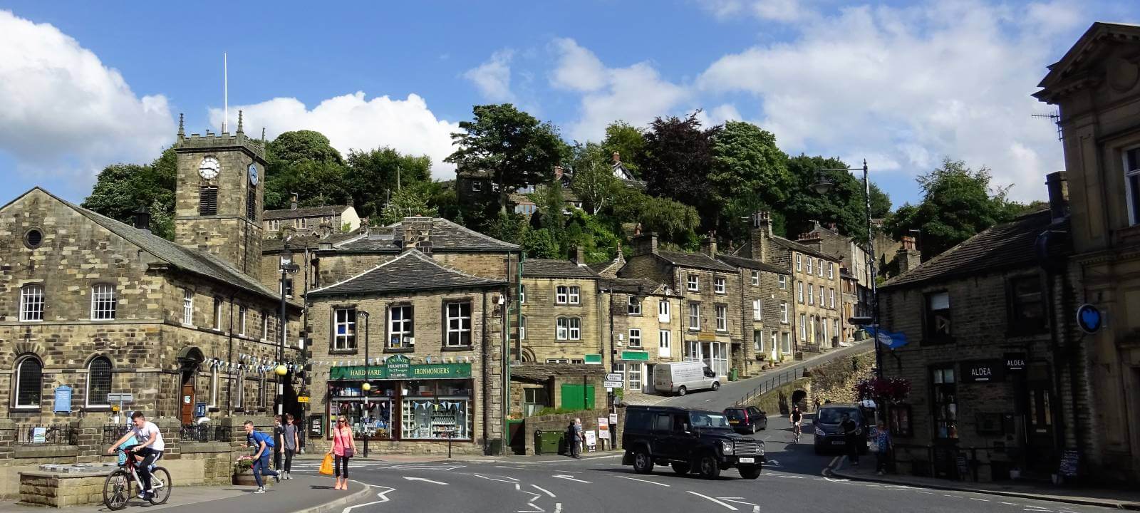 A traffic junction at Holmfirth, West Yorkshire.