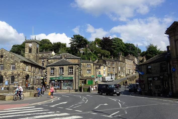 A traffic junction at Holmfirth, West Yorkshire.