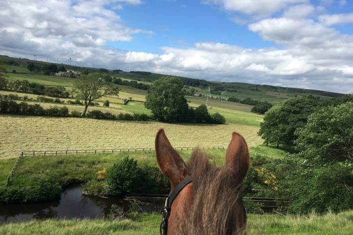 Scenic countryside view taken from horseback with horses ears and mane in foreground