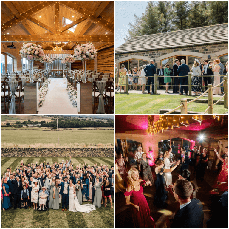 Four images of wedding including; ceremony room, guests and people dancing