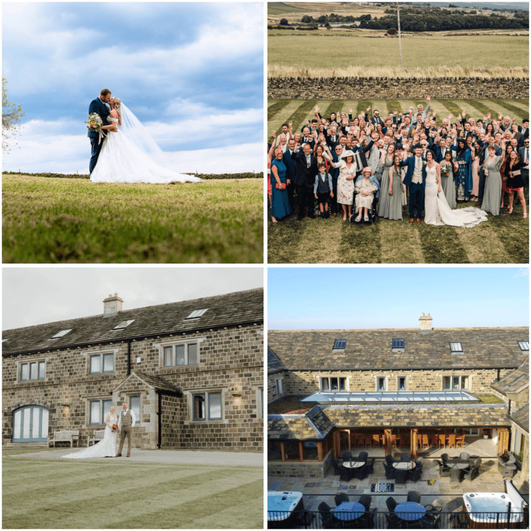 Four images of a wedding including bride and groom with guests