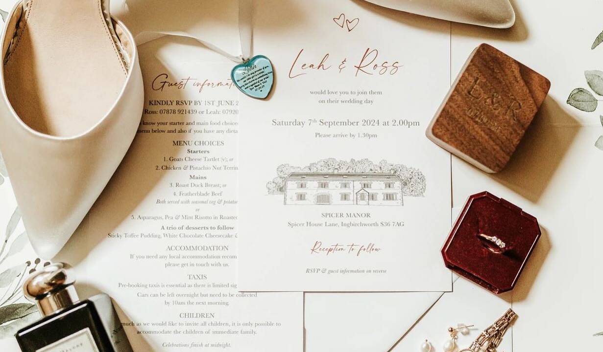 printed wedding stationery with shoes, wedding rings and flowers